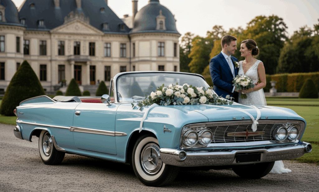 Een stralend bruidspaar poseert trots naast een lichtblauwe vintage Dodge Polara cabriolet met rood interieur en wit bloemstuk, voor een statig kasteel.