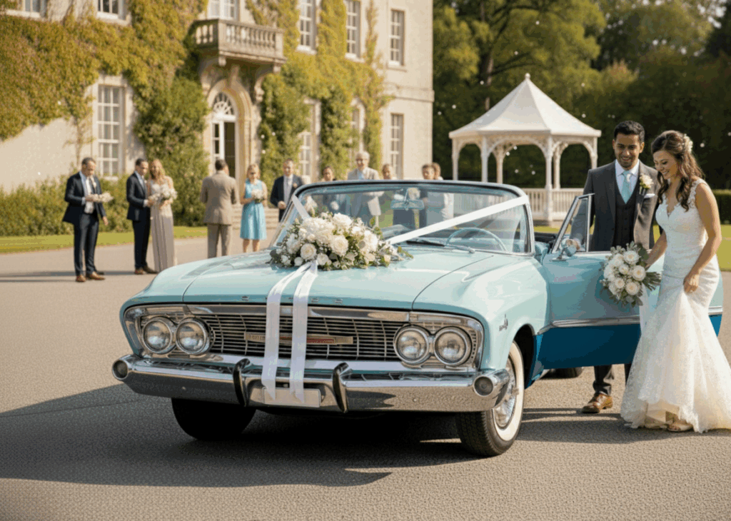 en stralend bruidspaar staat bij een vintage turquoise-blauwe cabriolet, versierd met witte bloemen en linten. De bruidegom, in een donker pak, helpt de bruid, in een prachtige witte trouwjurk, uit de auto. Op de achtergrond is een statig landhuis en staan enkele gasten.